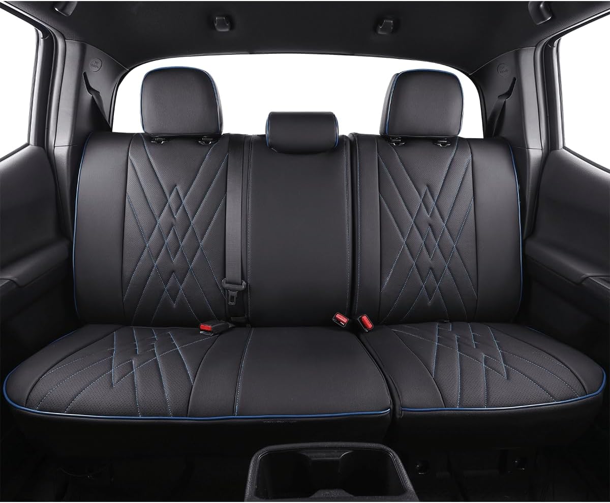 EKR Custom Fit Tacoma Rear Car Seat Covers for Select Toyota Tacoma (Petrol) 2024 2025 Double cab SR,SR5,TRD Sport,TRD Off-Road,Limited - Second Row Only,Leather (Black with Blue Trim)