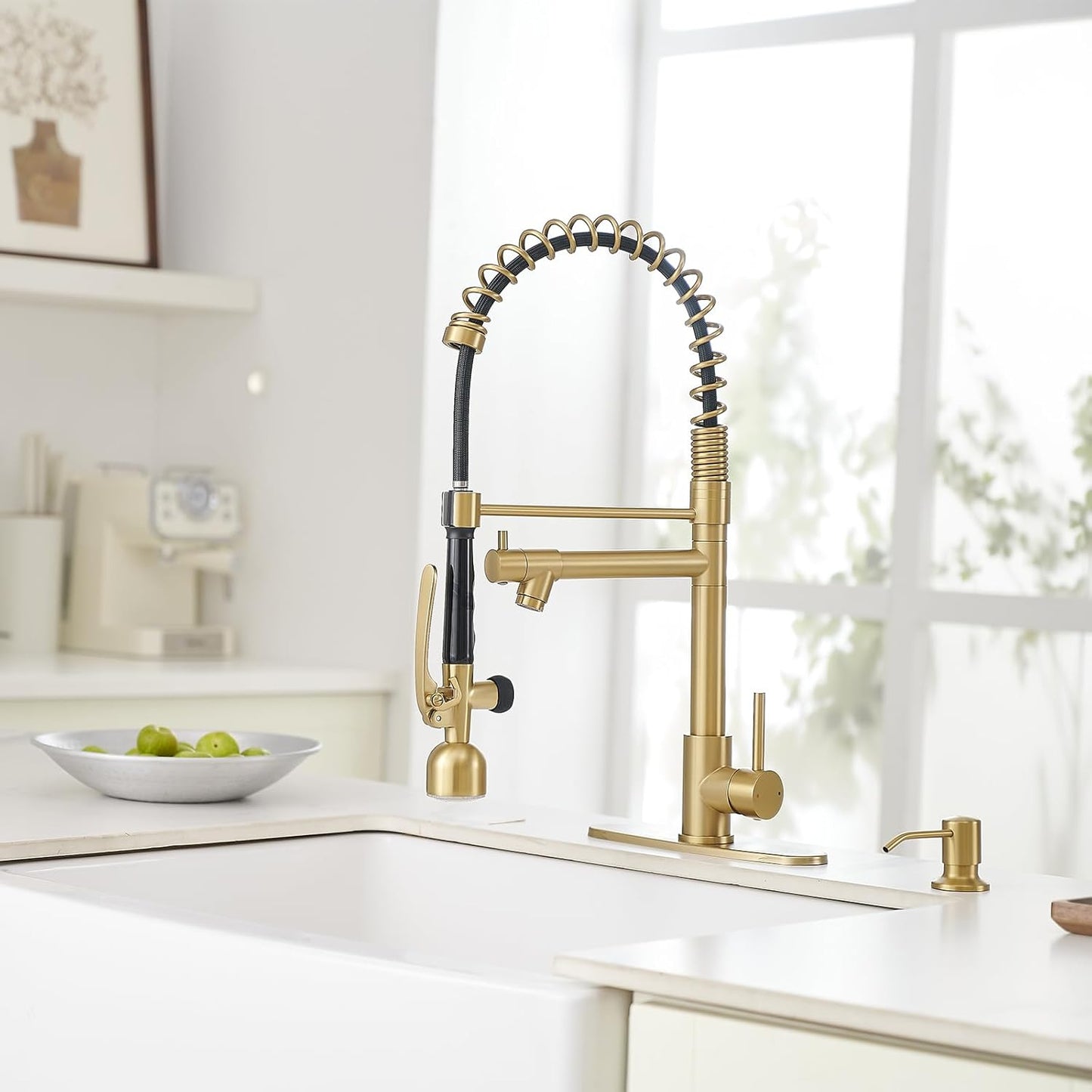 Fapully Commercial Kitchen Faucets with Pull Down Sprayer Brushed Gold LED Single Handle Faucet for Kitchen Sink, Kitchen Faucet with Soap Dispenser and Deck Plack for 4 Hole