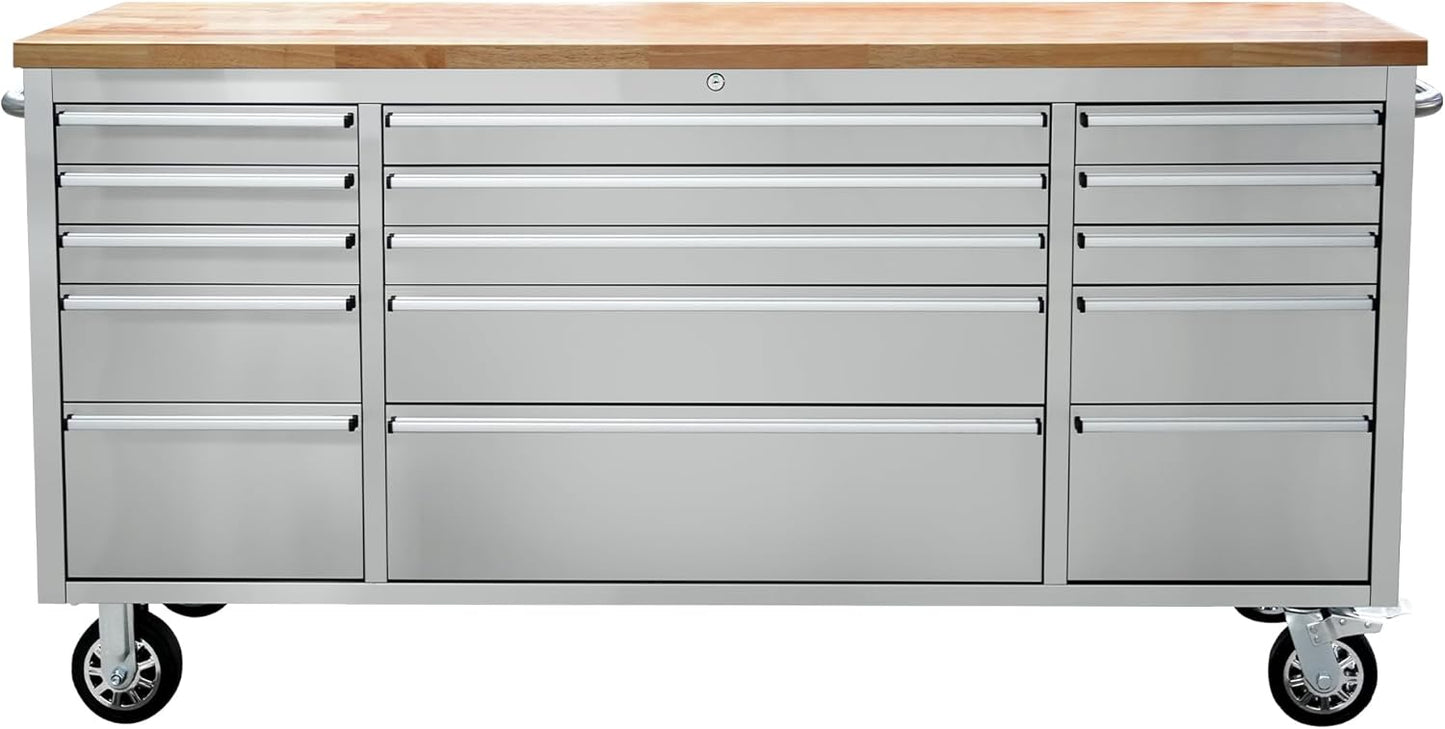 CT Copper Tailor 72-inch Rolling Tool Chest with 15 Drawers and Wheels, Mobile Garage Workbench, Large Tool Box Storage Tool Cabinet with Wood Top for Workshop,Stainless Steel