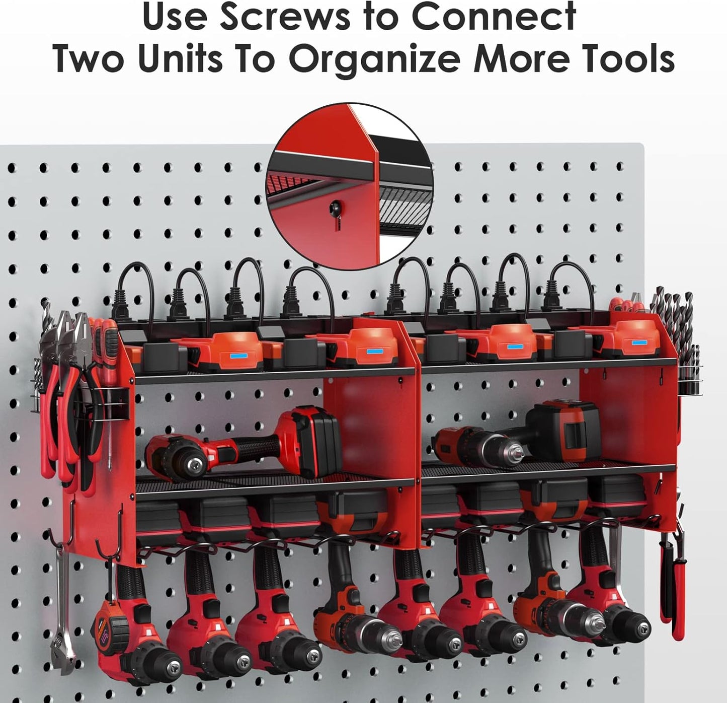 CCCEI Modular Power Tool Organizer Wall Mount Charging Station, Red 6 Drills Holder with 8 Plug Power Strip 10FT, Garage Drill Battery Heavy Duty Metal Shelf, Utility Rack with Hooks, Side Storage.