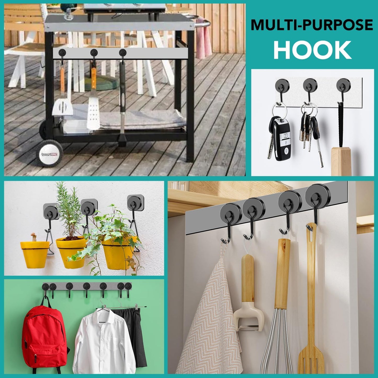 DIYMAG Black Magnetic Hooks, 110LBS Strong Magnetics Heavy Duty, Cruise Ship Essentials Magnets with Metal Hook for Hanging Refrigerator Home Kitchen Office, 8Pack