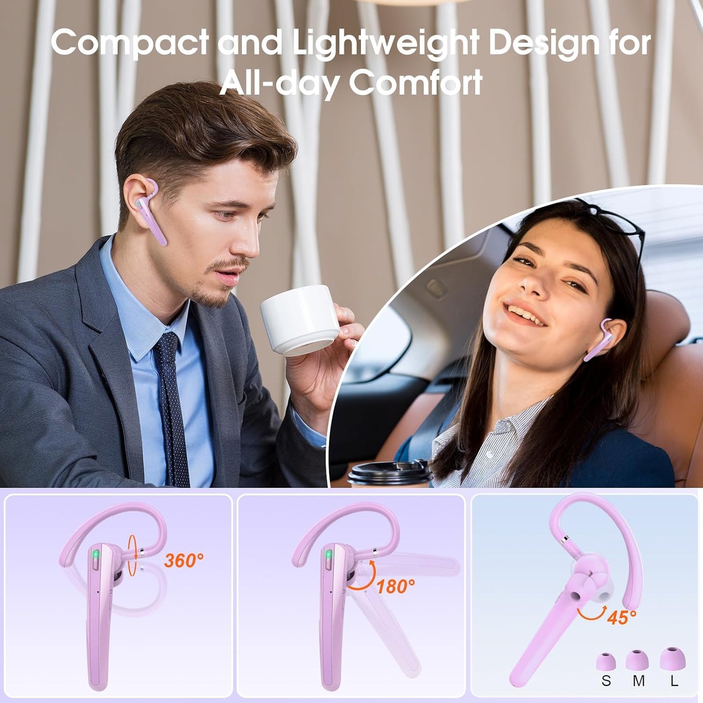 Bluetooth Headset V5.3, Wireless Earpiece with Dual ENC Noise Canceling Mic, 120H Hand-Free Talk Single-Ear Bluetooth Earpiece with LED Display, IP7 Waterproof Headphones for Trucker/Business, Purple