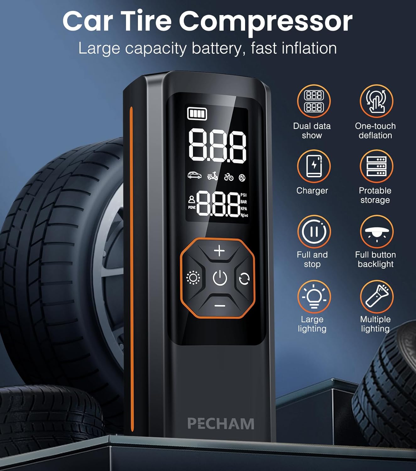 PECHAM Tire Inflator Portable Air Compressor,USB 5V 20000mAh Battery 160PSI Cordless Tire Pump Electric Air Pump for Car Tires,Fits Car/Truck/Motorcycle/Balls/Bicycles