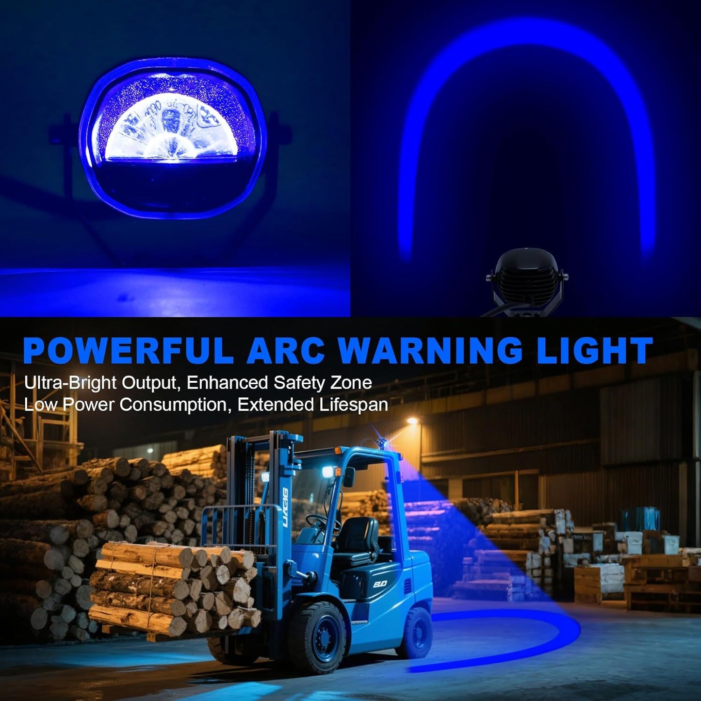 Forklift Arc Safety Light, LED Warning Lamp Blue Line Projection, Aluminum Housing, Stainless Steel Bracket, for Industrial Truck, Lift Truck, AGV, Warehouse, Logistics