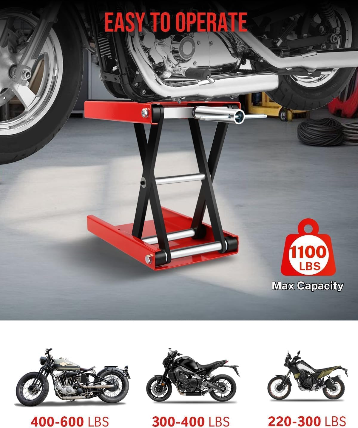 Heavy Duty 1100LBS Motorcycle Scissor Lift Jack with Dolly Wheels, Hand Crank & Non-Slip Platform - Adjustable Bike Lift Stand for Cruiser, Dirt Bike, ATV - Foldable,Garage Repair Equipment