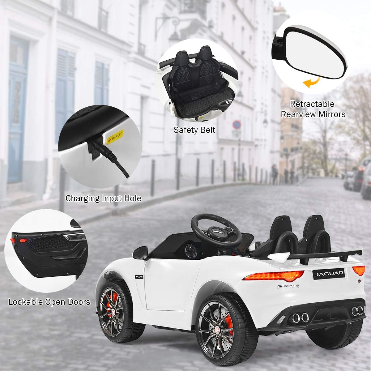 Costzon Ride on Car, 12V Licensed Jaguar F-Type SVR Battery Powered Kids' Electric Vehicles w/Remote Control, Front/Rear Lights, MP3/Music/3 Speeds/Spring Suspension, Kids Car Toy for Toddler(White)