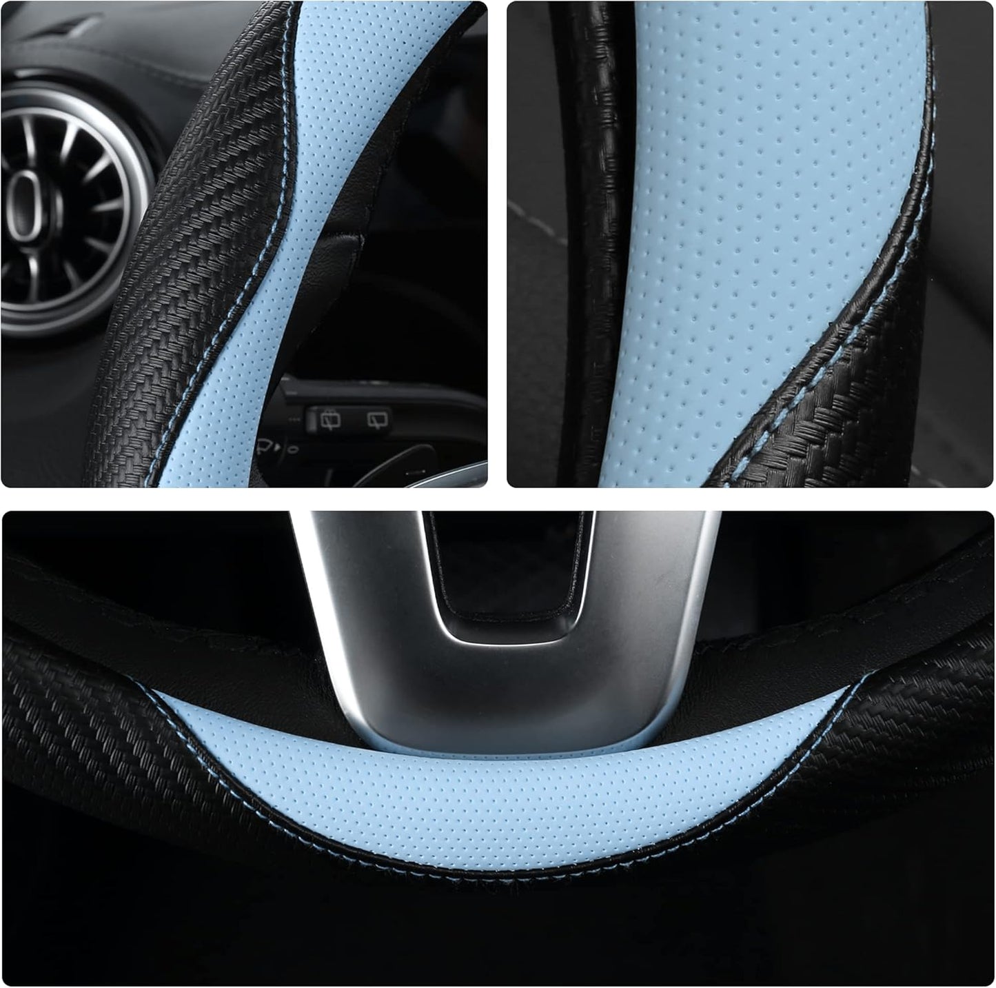 Car Steering Wheel Covers for Women Girl Padded Carbon Fiber PU Leather Cute Cartoon Auto Interior Accessories for Jeep, Truck, Universal, Anti Slip, Blue, Large Size 15.5-16"(39-41cm)