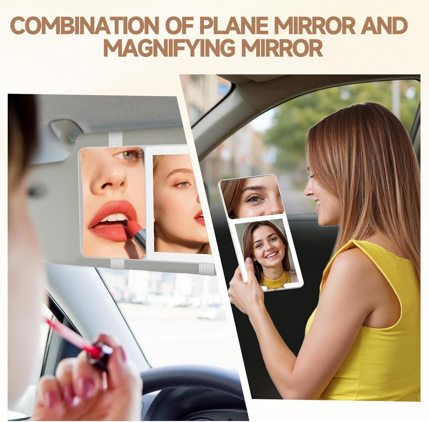 Car Sun Visor Vanity Mirror with Lights,Side with 6 inch 20X Magnifying Mirror,Rechargeable Car Makeup Mirror with 3 Light Modes,Dimmable Touch Led Screen,White
