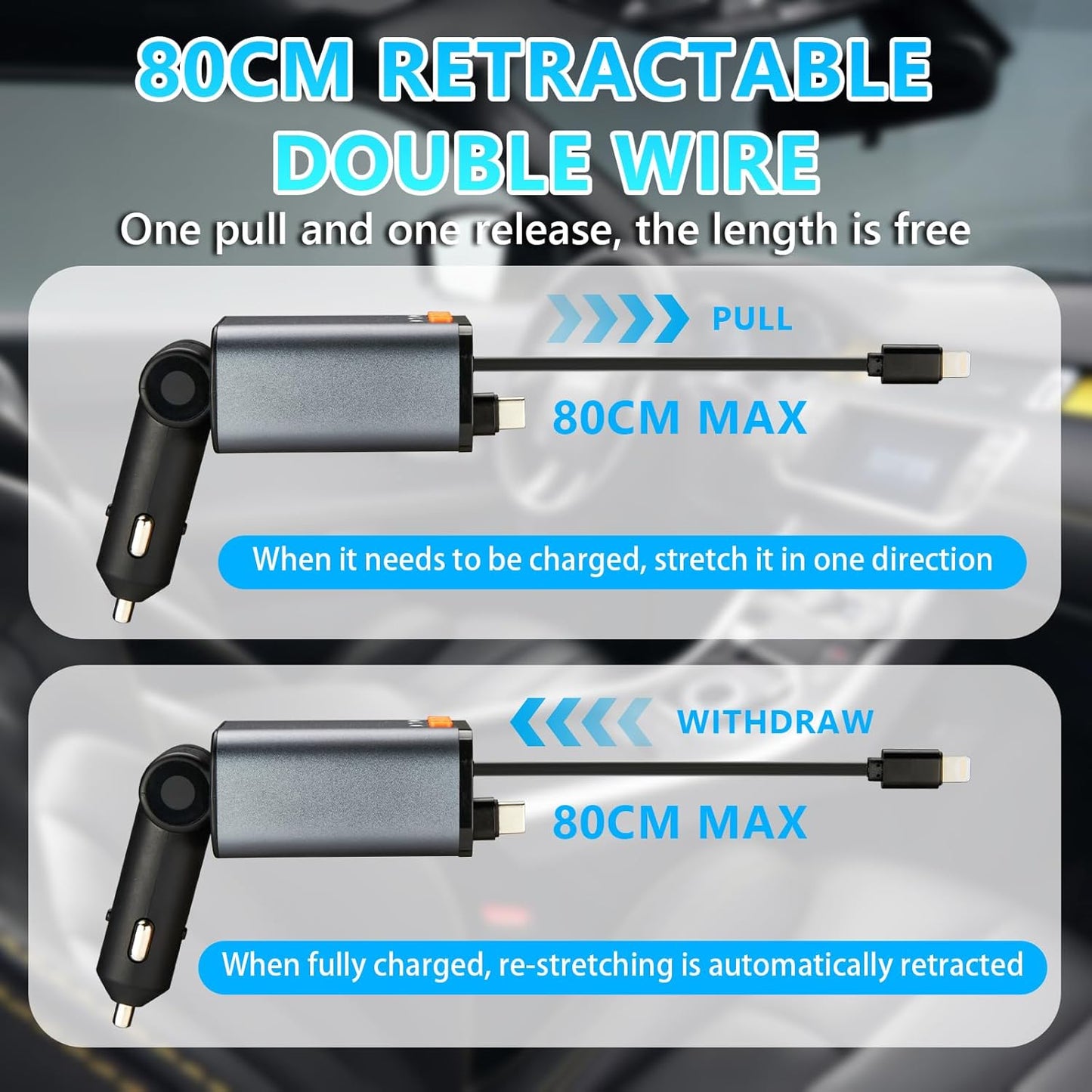 Retractable Car Charger,5 in 1 Fast Cars Phone Charger 60w,Bluetooth 5.3 FM Transmitter Adapter,Handsfree Call,MP3 Player,2 Retractable Cables and USB Chargers, for Phone,Galaxy,Pixel (Black)