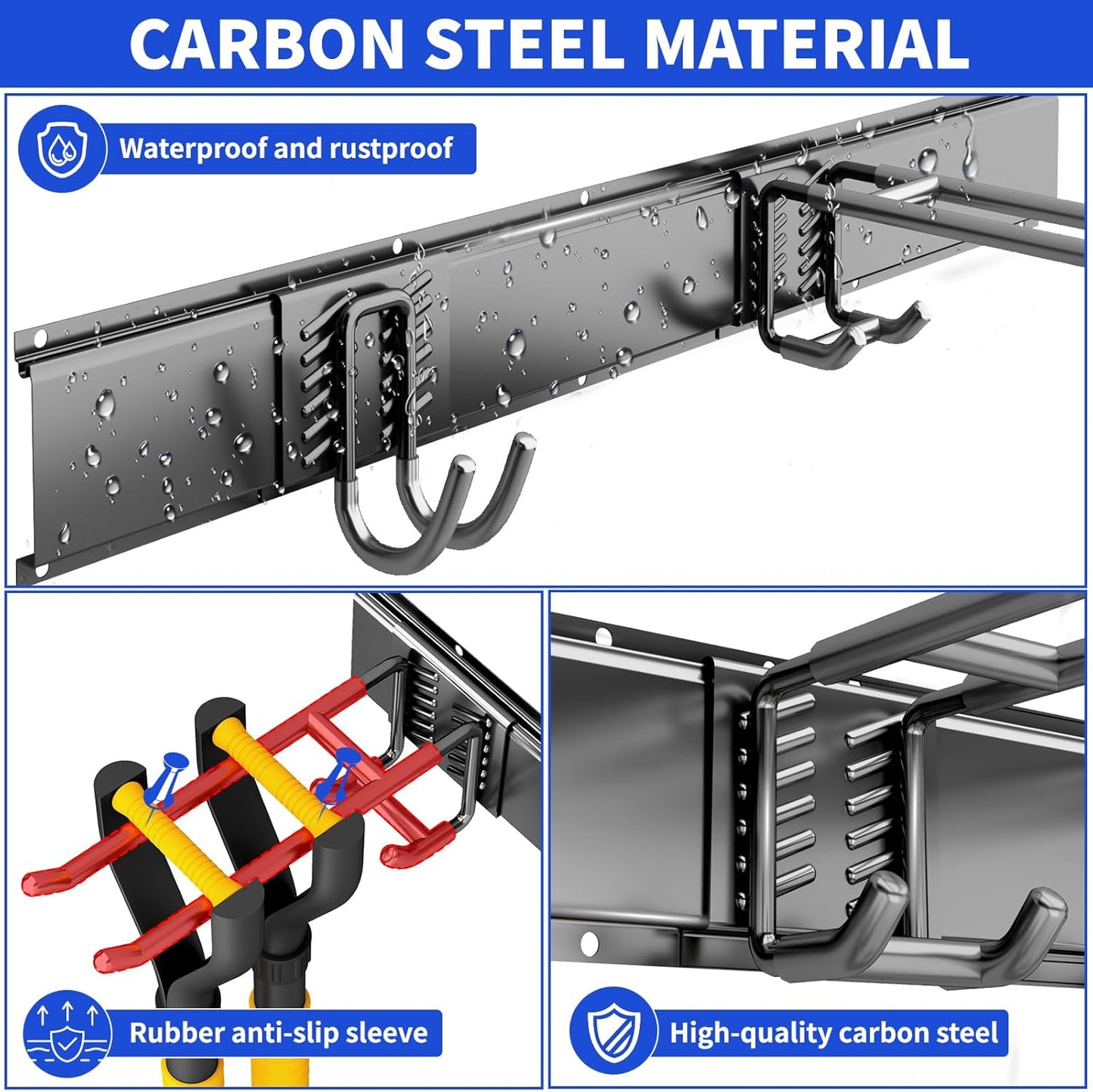 Garage Organization Tool Organizer Wall Mount, 48inch Heavy Duty Garden Tool organizer Storage System, Easy Install With 6 Adjustable Hooks, For Garage, Basement, Shed, Workshop(Black)