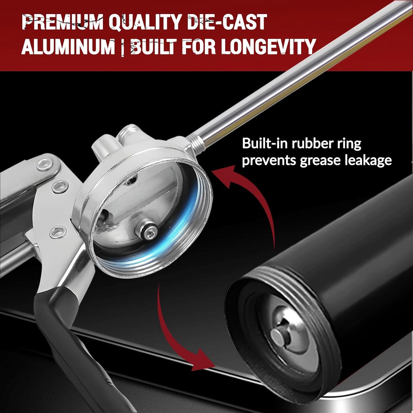 Grease Gun Kit, 8000 PSI Heavy Duty Grease Gun with Grease Coupler, 14oz Pistol Grip Grease Gun with 12 Inch Spring Flex Hose, Sharp Nozzle, Extension Rigid Pipe, Black