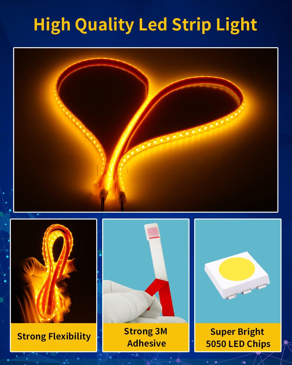 Amber Led Strip Lights,24inch 12V Interior Light Strip IP68 Waterproof Cuttable for Car Motorcycles Boat Golf Cart Truck Cargo Home Decoration with Strong Nano Tape(4PCS)