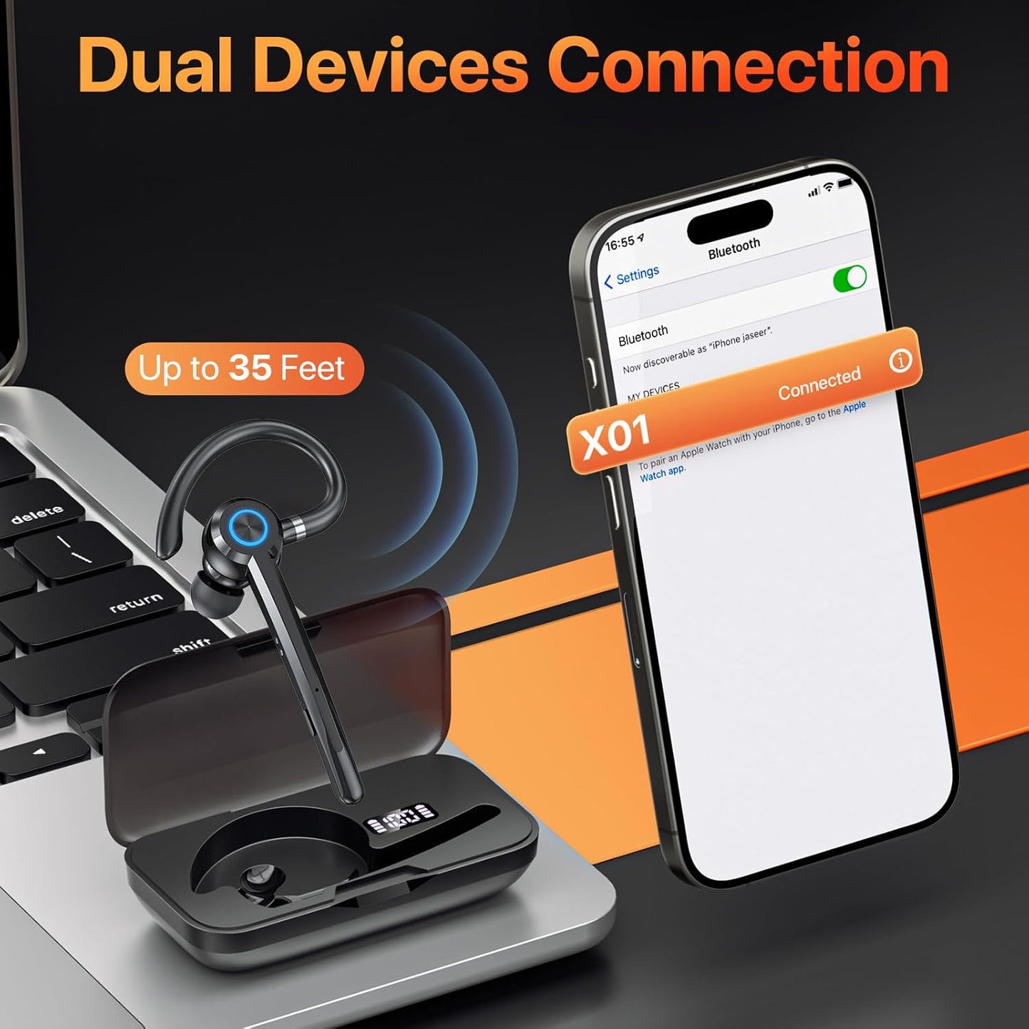 Bluetooth Headset with Microphone,V5.4 Bluetooth Earpiece with Charing Case 150H Standby Time Hands Free Headset with Noise Canceling for Work Business Office Trucker(Black)