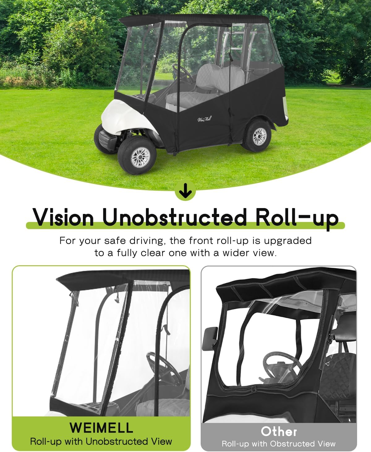 Golf Cart Enclosure 2 Passenger for Yamaha G29 Drive 2 Enclosure Waterproof Windproof Driving Rain Cover Fit 2-Seater Short Roof with 4-Sided Clear Windows Mirror Openings Roll-up Zipper Door Black