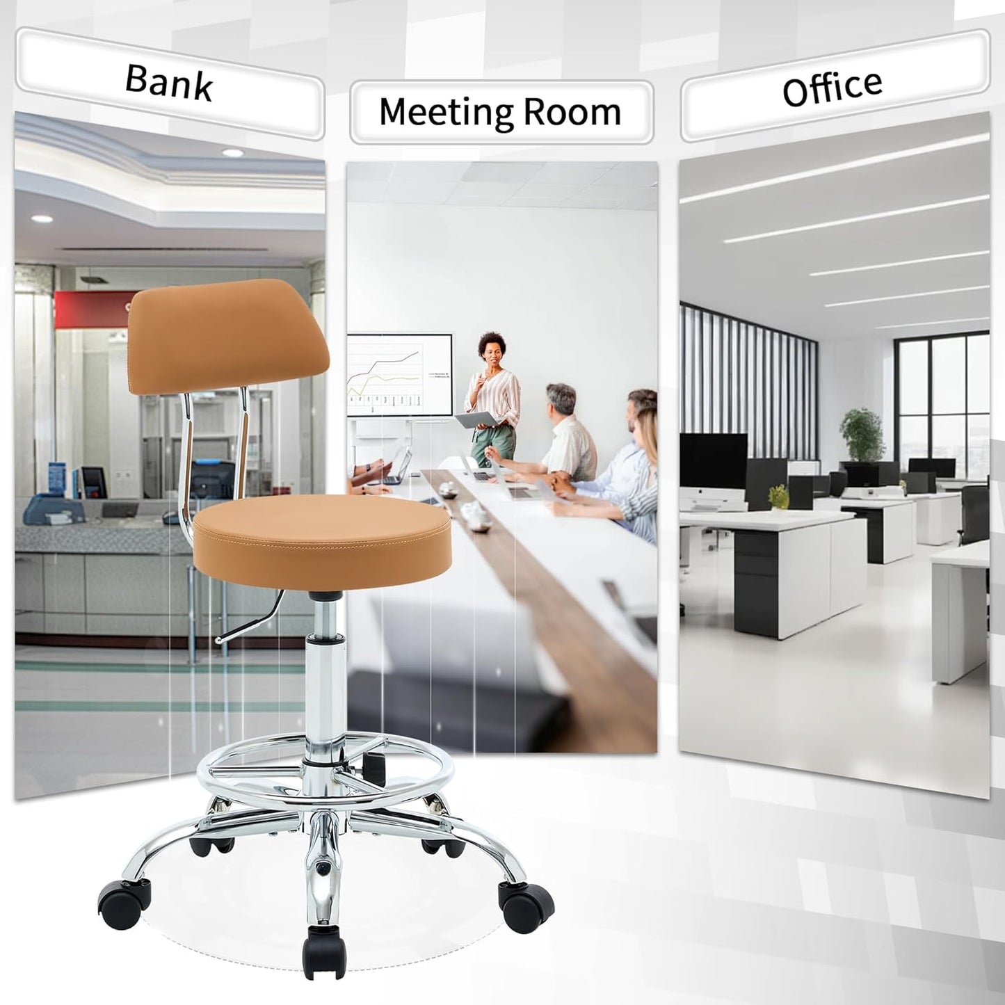 Ergonomic Desk Stool(Sturdy Rolling Stool with Back)(Swivel Armless Office Chair 19.5’’-26.6’’) Adjustable Footrest Salon Chair (Camel Brown)