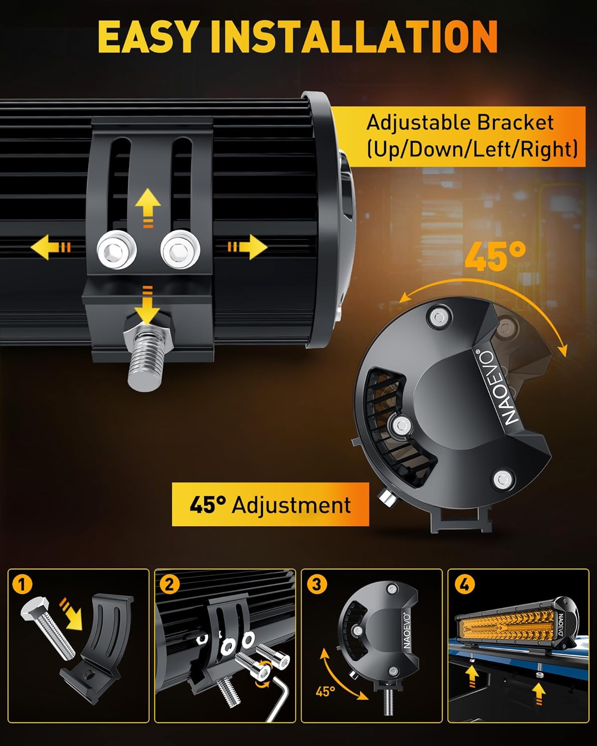 NAOEVO 12 Inch LED Light Bar, 300W 30000LM LED Offroad/Driving/Fog Lights with Wiring Harness Kit, Spot Flood Work Lights for Truck UTV ATV Golf Cart Boat, 1 Pc (Amber)