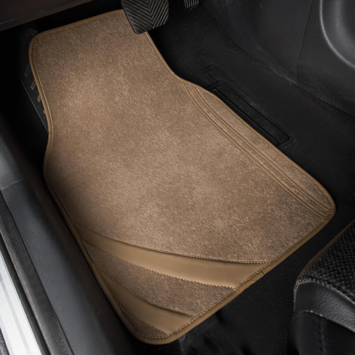 CAR PASS Beige Car Floor Mats, Edge Leather Waterproof Car Mats with Double Stitch Line and Anti-Slip Backing Design, Fit 95% Automotive,SUVS,Sedan,Vans (Pure Beige)