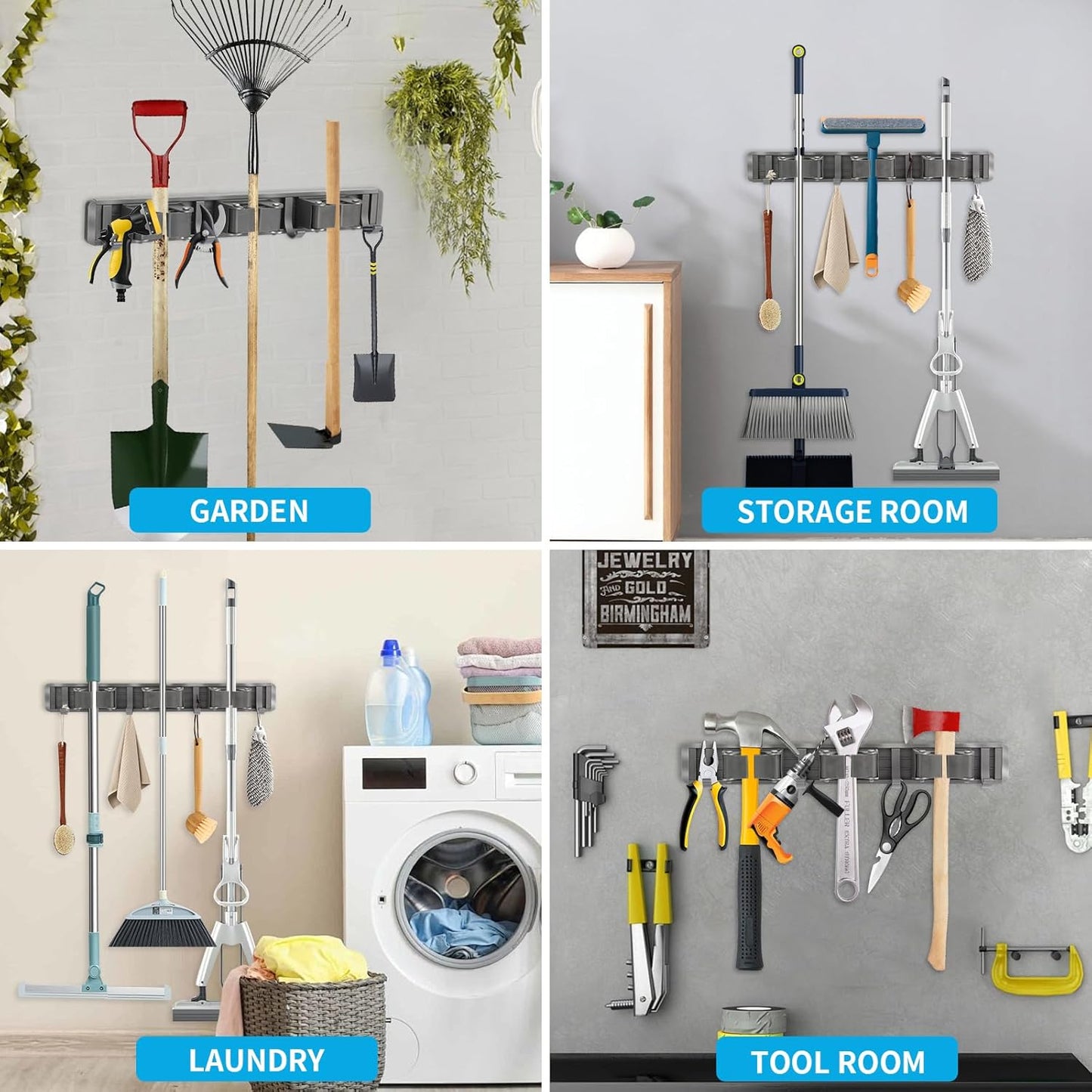 Broom Holder Wall Mount, Aluminum Mop and Broom Holder Hanger with 3 Racks and 4 Hooks, Mop Holder for Laundry Garage Tool Organization