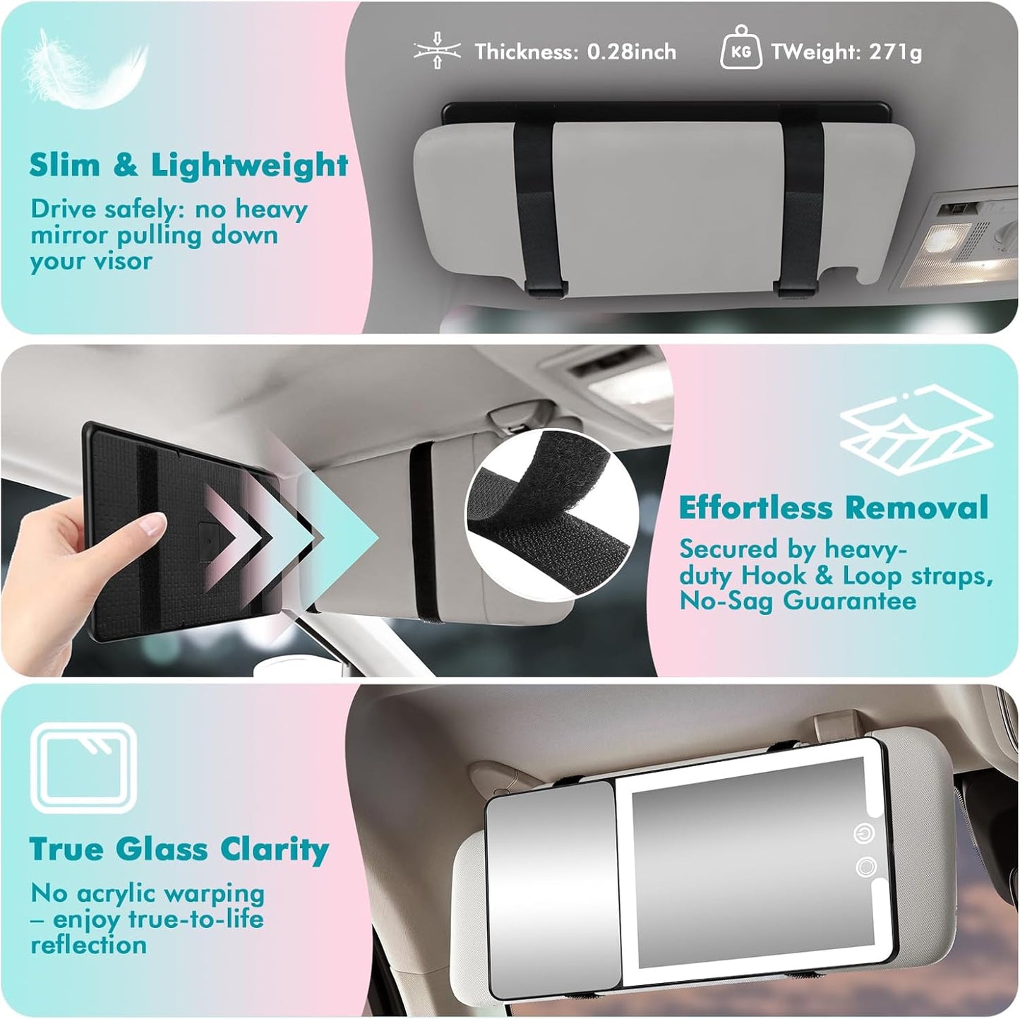 Car Sun Visor Vanity Mirror with Lights & 20X Magnification, Led Light up Makeup Mirror for Sun Visor, Rechargeable 3 Colors Dimming Light, Universal Accessories for Car SUV Truck