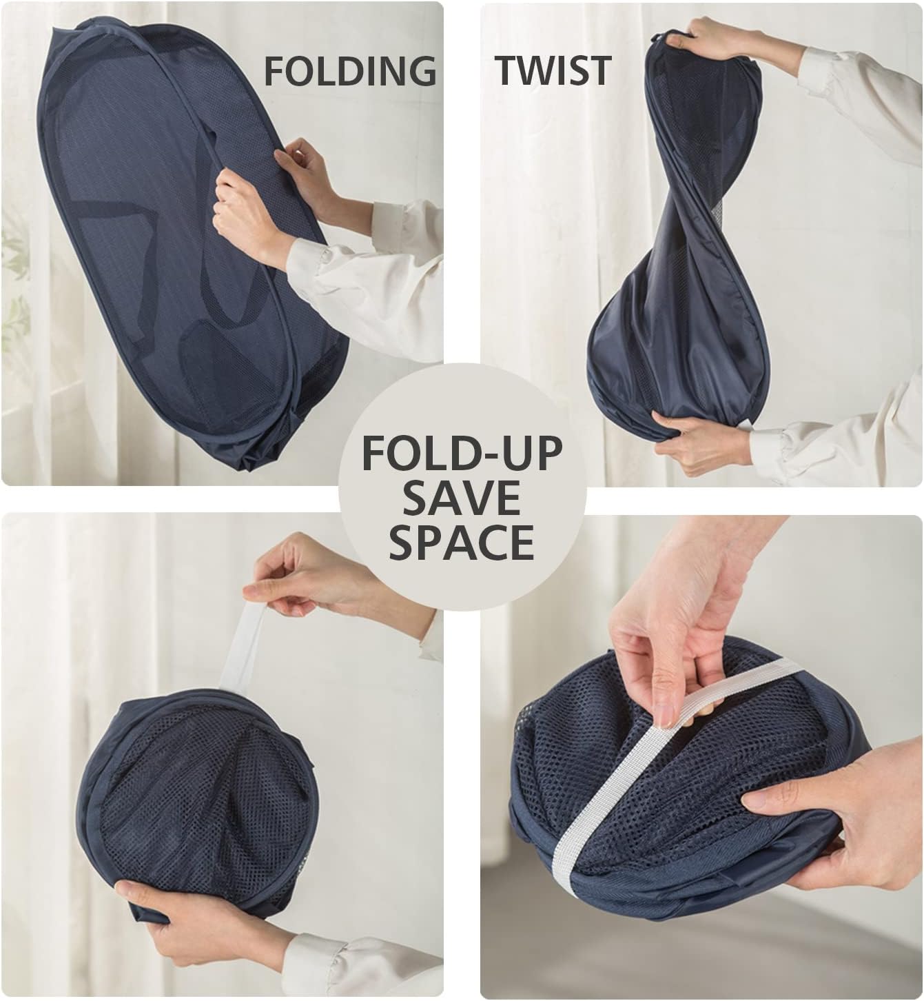 HONOMA Sturdy Mesh Laundry Hamper Basket Bag,Pop up Basket with Side Pocket for Laundry Room, Bathroom, Kids Room, College Dorm or Travel (Pop Horizontal, Navy Blue)