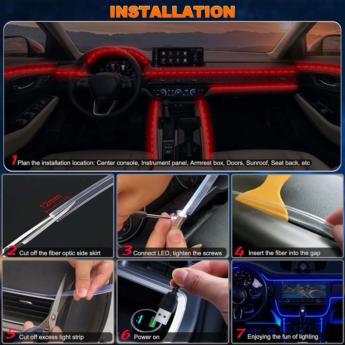 USB Interior Car LED Strip Lights with Wireless APP and Remote Control, RGB 6 in 1 Ambient Lighting Kits with 315 inches 3.0mm Fiber Optic, 16 Million Colors Car Neon Lights, Sync to Music