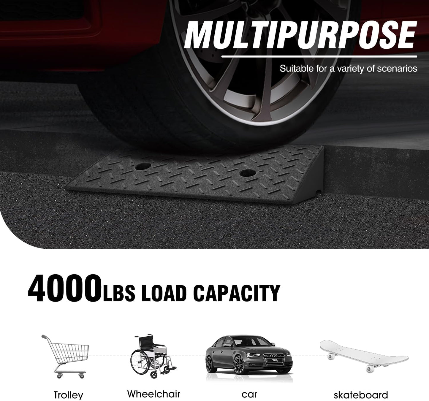 DNA MOTORING 2pcs 5.3" Rise Rubber Curb Ramp Heavy Duty Loading Driveway Ramp Threshold Ramp 19.5 in L x 13.6 in W x 5.3 in H for Loading Dock, Warehouse, Wheelchair, Motorcycles, Cars, TOOLS-00646