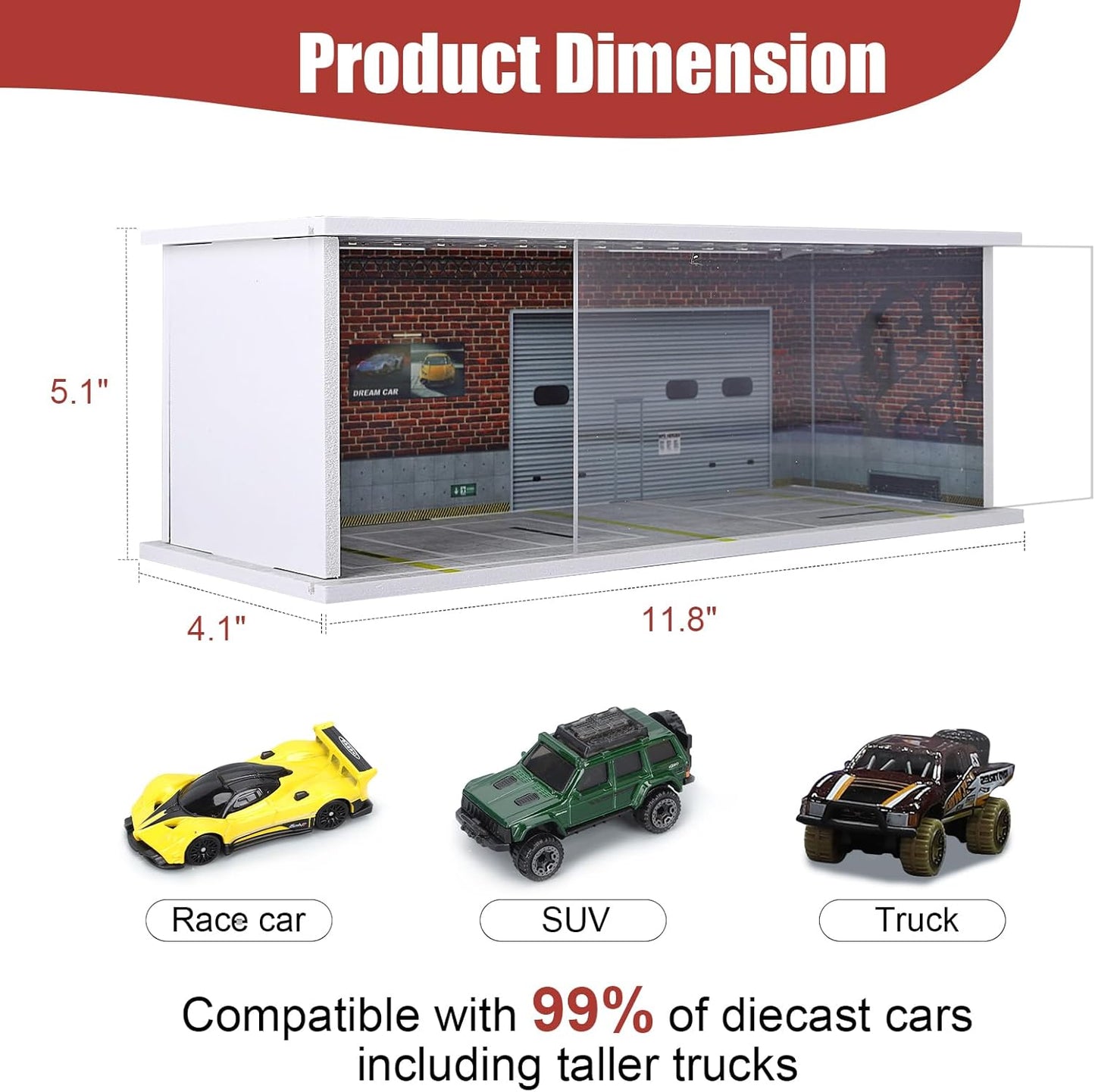 Display Case for Hot Wheels: Stackable Parking Garage for 1/64 Scale Matchbox Toy Car, FoamBoard Storage for Monster Trucks with LED Light and Acrylic Cover, Graffiti Wall