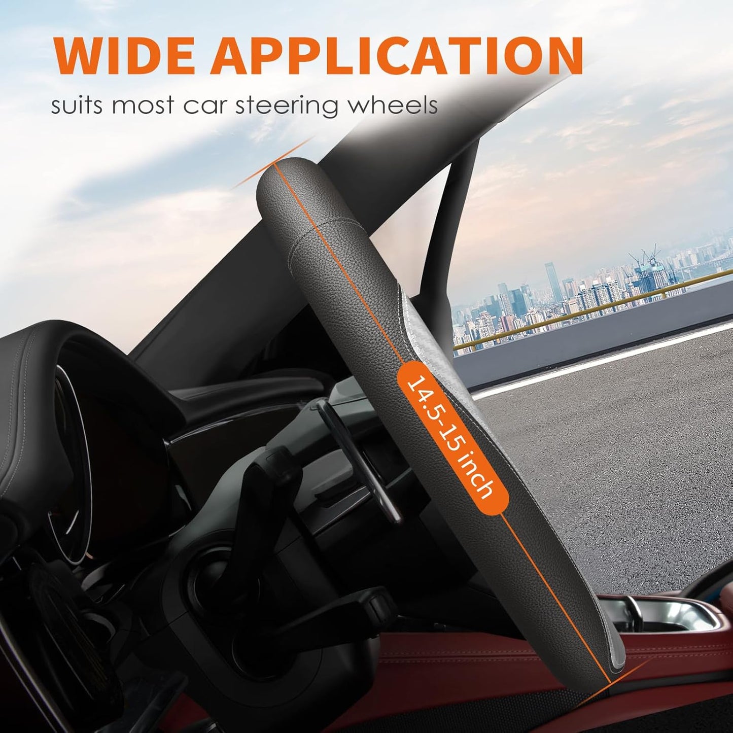 HOTOR Car Steering Wheel Cover - Universal Car Accessory for Diverse Cars, Durable Leather Cover with Anti-Slip Lining, for Steering Wheel with a Diameter of 14.5"-15", Carbon Gray