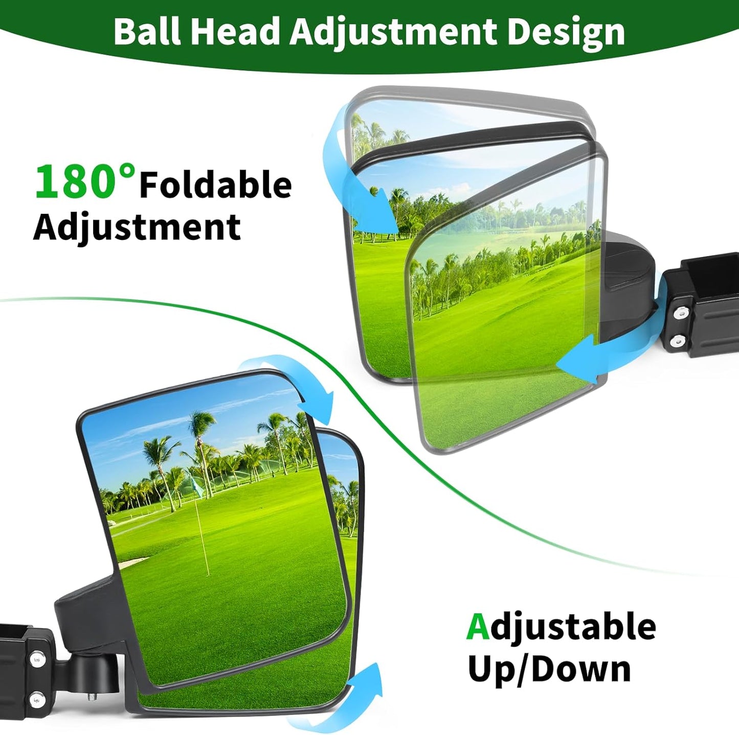 Golf Cart Side Mirrors No Drilling, Universal Folding Rear View Mirror for 0.75"-1.25" Square Rail, Fits EZGO Club Car Yamaha, 180 Degree Rotation Large HD Glass Rearview Shatterproof Surface