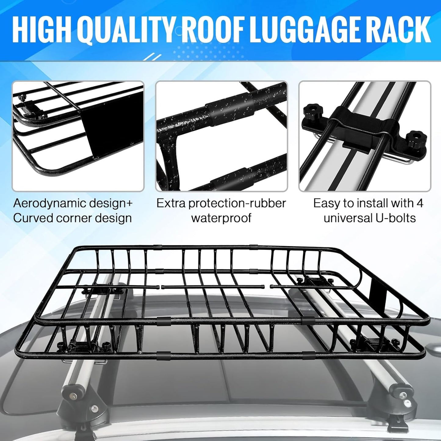 Heavy Duty 58"X36"X5" Roof Rack Basket Universal Rooftop Carrier With Waterproof Bag 18 Cubic Feet (54"X34"X17"), Cargo Net With Grabber