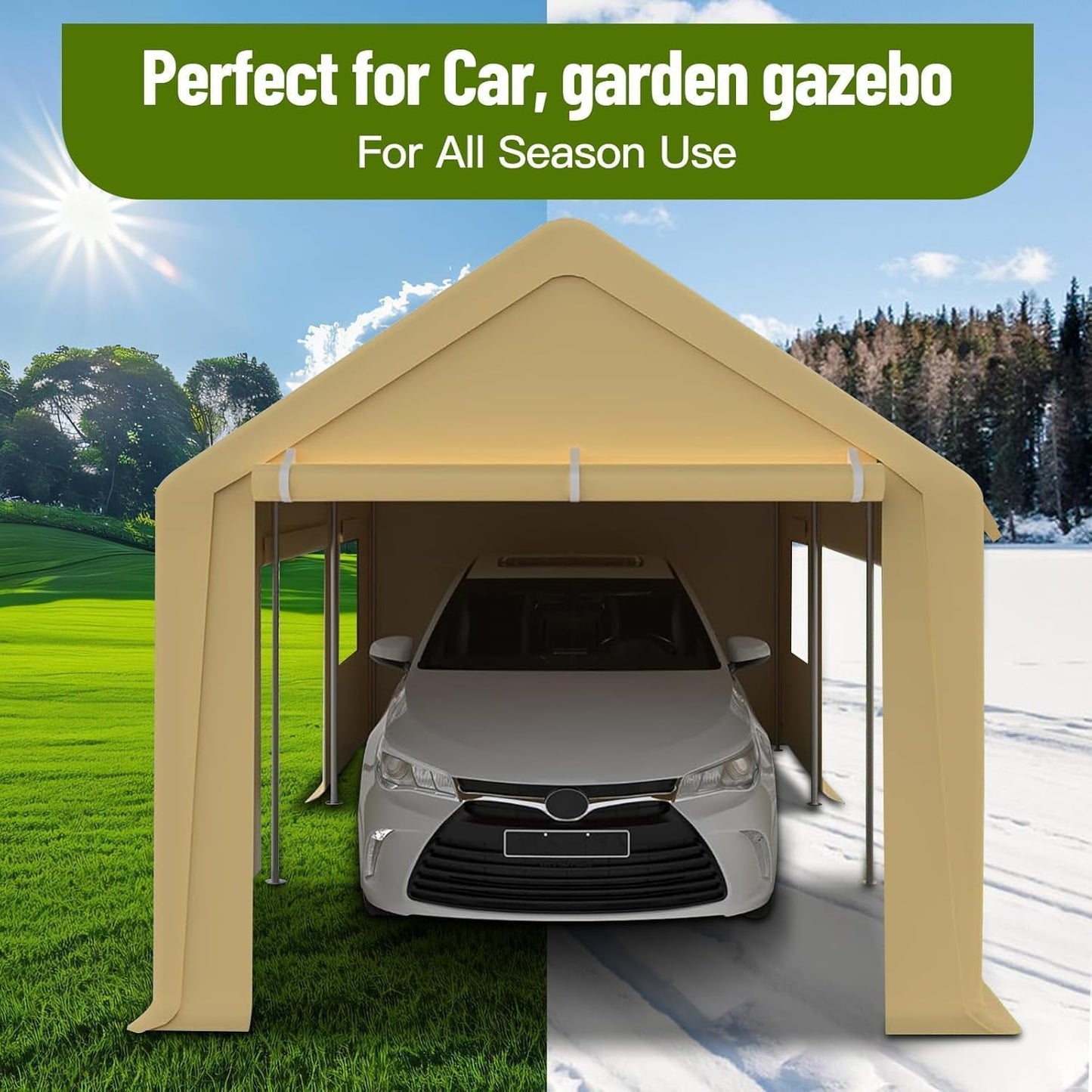 10x20 Ft. Metal Carport Garage with PE Fabric and Galvanized Steel Frame Outdoor Shelter for Cars, Trucks and Boats with 4 Doors and Mesh Windows for Ventilation - Yellow