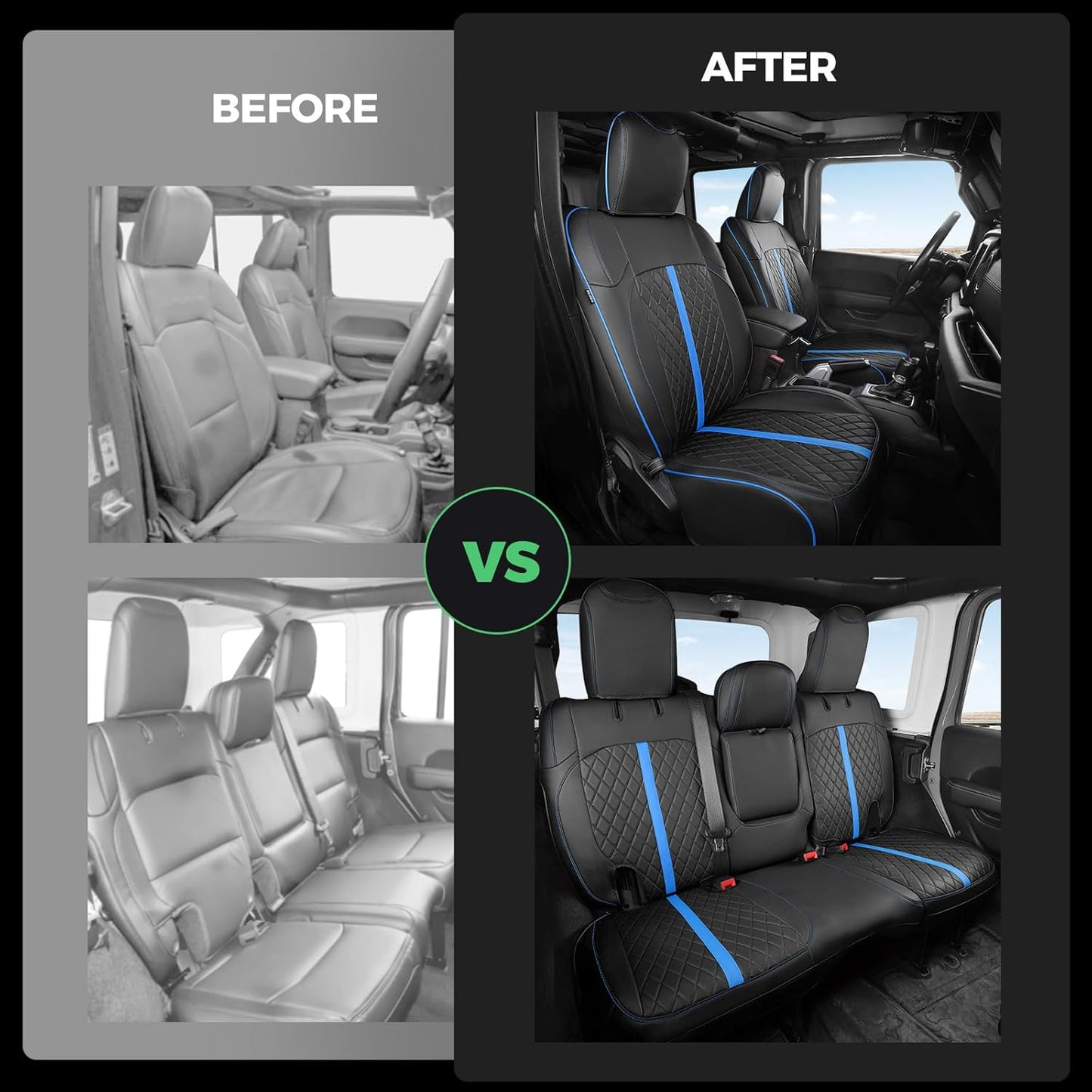 for Jeep Wrangler Seat Covers 4Door JL 2018 2019 2020 2021 2022 2023 2024 2025, Custom Car Seat Cover Full Set, Luxury Waterproof Leather Seat Protectors, Black Blue Trim,With Rear Cup Holder
