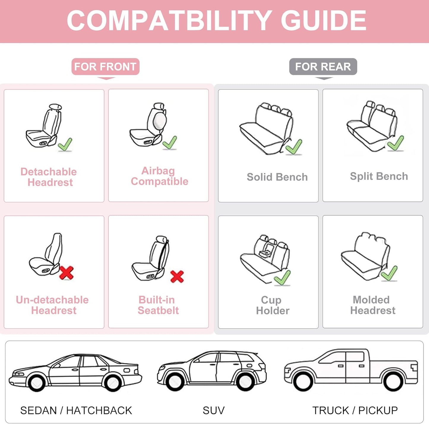 Front Seat Covers, 2 Pieces Universal Seat Covers for Cars, Waterproof Leather Auto Seat Protectors with Head Pillow, Car Seat Cushions Fit for Most Sedans SUV Pick-up Truck, Pink