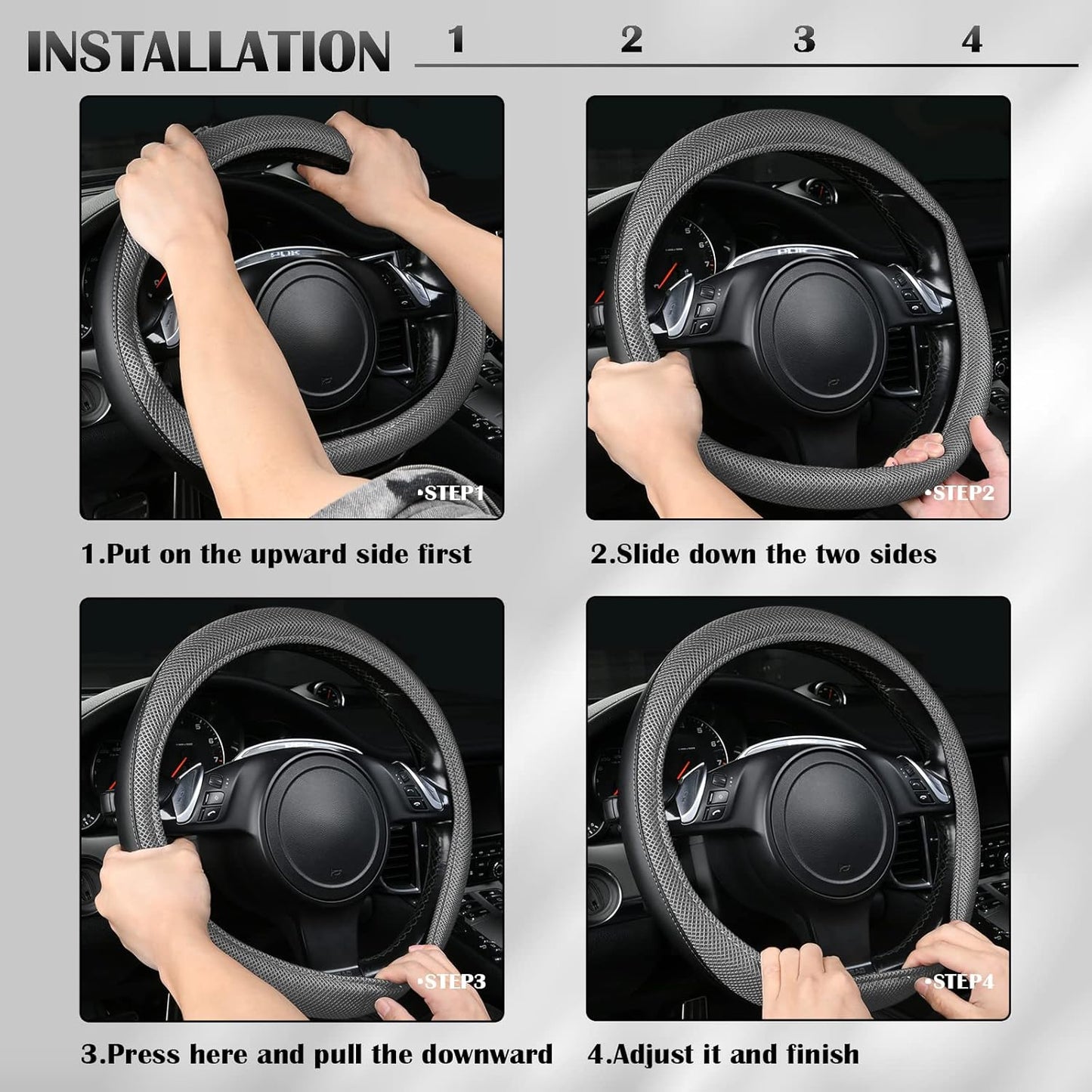 CAR PASS 3D Air Mesh Car Seat Covers Full Sets w/5mm Sponge, 4Pcs Waterproof Car Floor Mats, Steering Wheel Cover Universal Fit for SUV Sedan Truck, Airbag Compatible Automotive Interior(Black Gray)