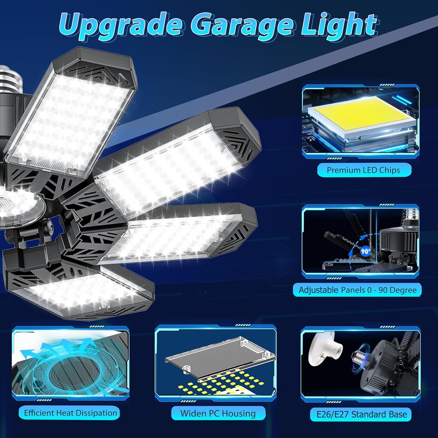 ISKYDRAW Garage Lights 6 Pack, 260W 26000LM Bright LED Garage Light with 8+1 Foldable Panels, Ceiling Basement Lights Screw in E26 E27 Socket Shop Bay Lighting for Workshop, Barn, Warehouse