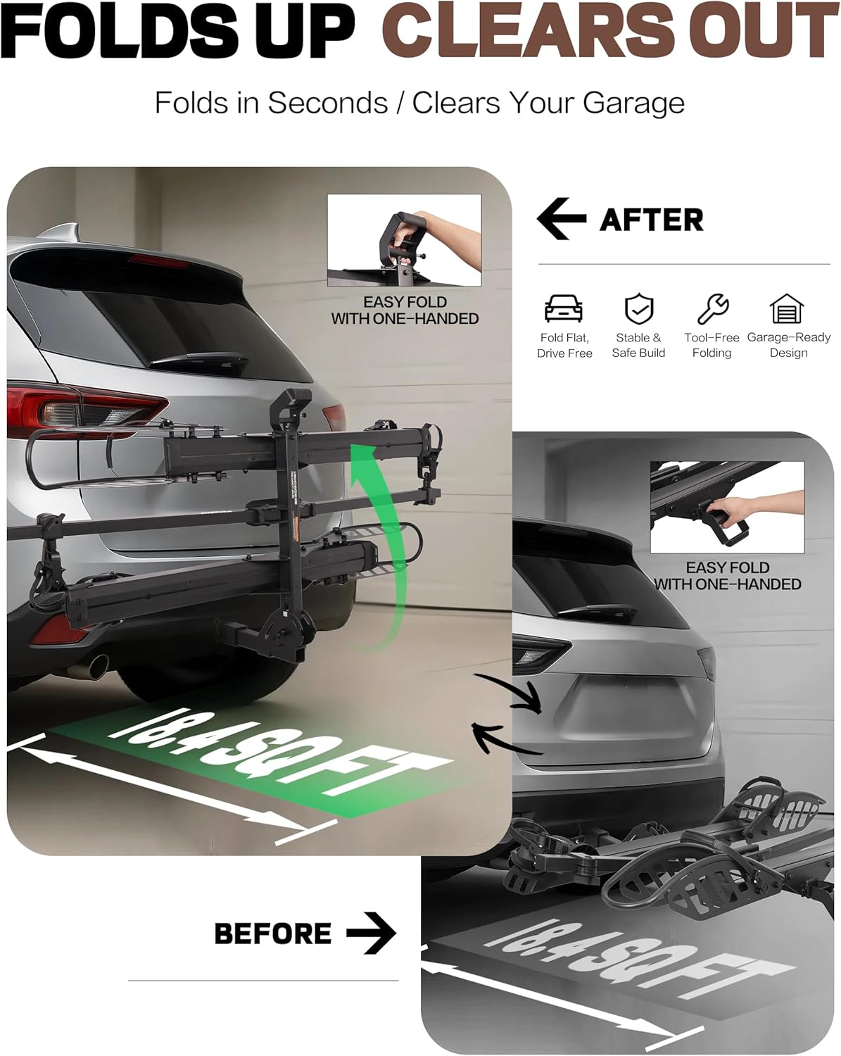 E-Bike Rack with Ramp, Hitch 2 Bike Rack, 200 lbs Capacity Electric Bike Carrier, Foldable Platform Mount for Cars, Trucks, SUVs, Minivans, Up to 5-Inch Fat Tire for 2'' Receiver