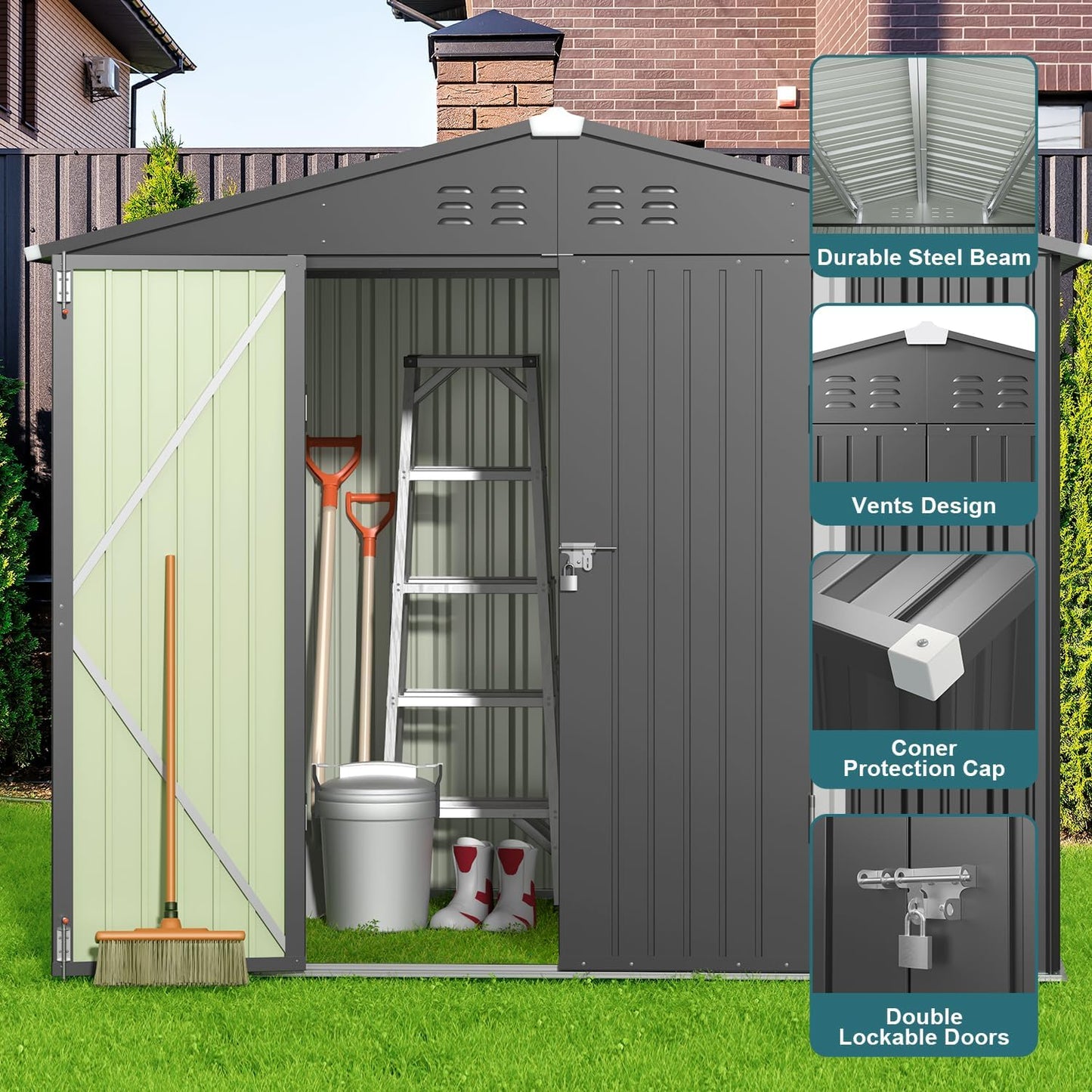 Gizoon Outdoor Storage Shed 8 x 6 FT, Galvanized Metal Garden Shed with Double Lockable Doors, Outdoor Storage Clearance for Backyard Patio Lawn-Dark Grey