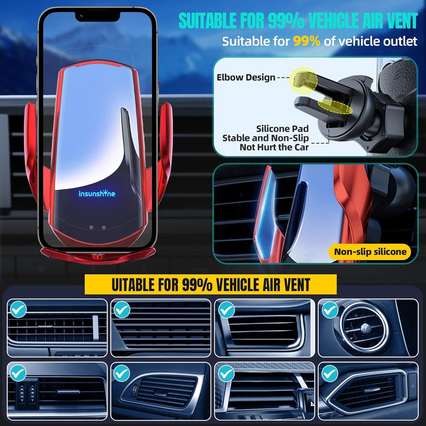 Wireless Car Charger, MAX 15W Fast Charging Auto Clamping, Sensing Phone Holder Mount, fit for iPhone 16 15 14 13 12 Pro Max Xs X, Samsung Galaxy S24 Ultra S23 S22 S21 S20 Note20 (4-Red)