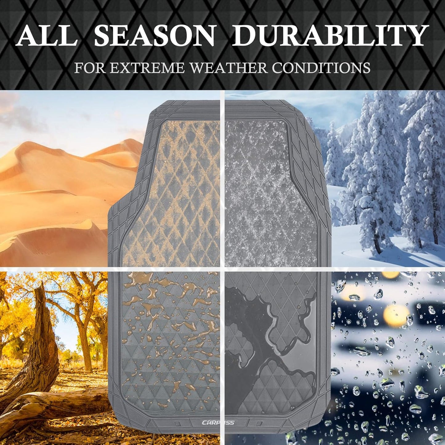 CAR PASS Gray Rubber Car Mats, All-Weather Floor Mats Full Set Durable Anti-Slip 3D Rhombus Waterproof Automotive Pad Trim to Fit Liner Universal Fit for Sedan SUV Truck Van, 4 Pcs All Gray Rubber