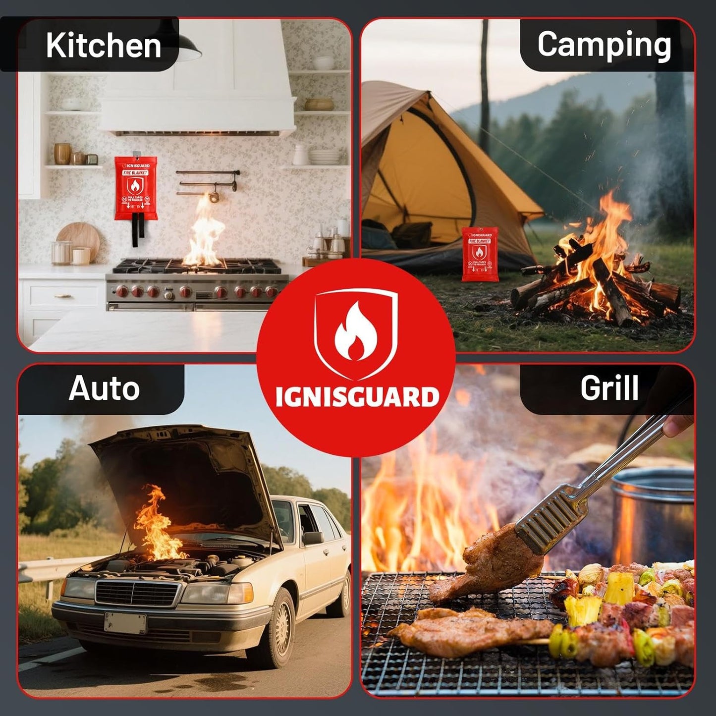 Emergency Fire Blanket for Home and Kitchen, 4-Pack 40"x40", Fiberglass Fire Blankets Emergency for Home BBQ Grill Camping Car Office Warehouse Picnic Fireplace Fireproof Survival Safety