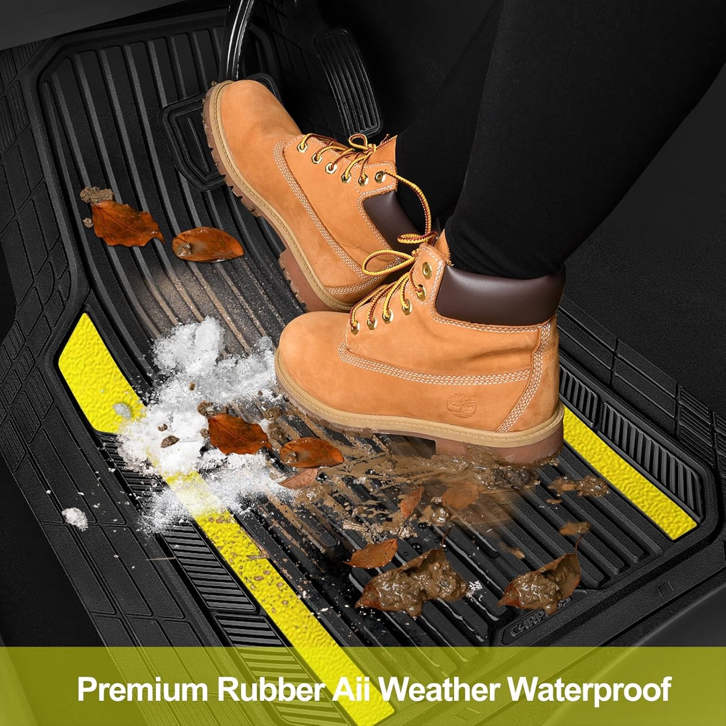 CAR PASS Yellow Car Mats Metallic, Aluminum Film All Weather Rubber Lemon Yellow car Floor Mats Waterproof Universal Trim to Fit SUV Sedan Van Truck 4 Piece Deep Dish Heavy Sporty Black Yellow Chrome
