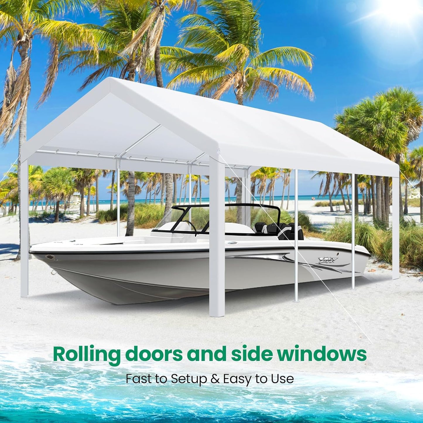 COBIZI Carports 10x20 Heavy Duty Car Tent Garage, Galvanized Frame Car Canopy Outdoor Shelter Waterproof & UV Protected with Windproof Ropes & Built-in Sandbags for Car Truck Boat, White