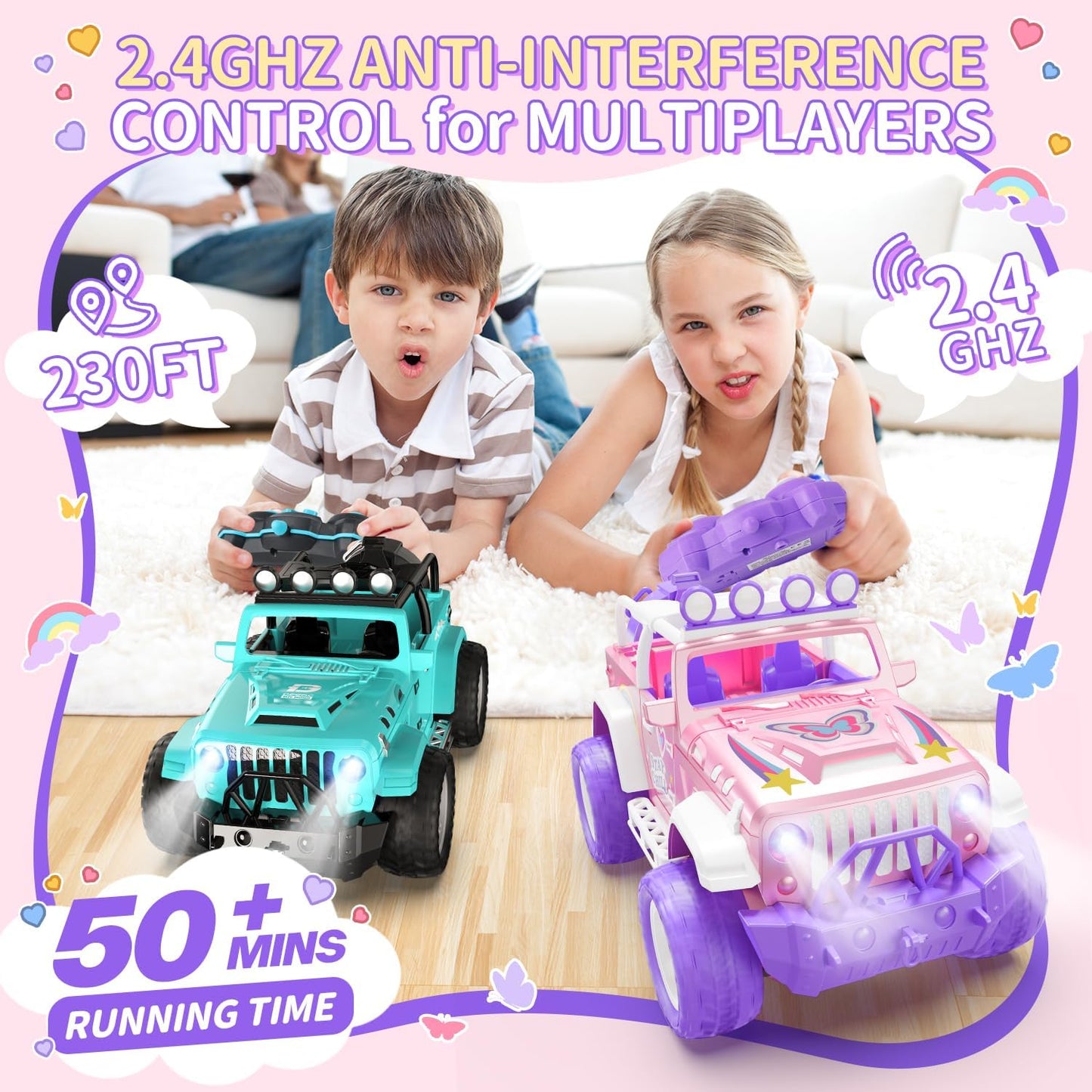 DEERC Pink Remote Control Car for Girls with Fog Mist & Music, 1:16 RC Car with LED Lights for Kids, 2.4Ghz All Terrain SUV Truck Gifts, Off-Road Racing Vehicle Toy Car, Girls Toys