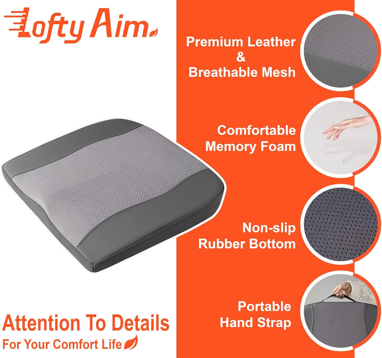 Car Seat Cushion, Comfort Memory Foam Car Cushions for Driving - Sciatica & Lower Back Pain Relief, Driver Seat Pillow for Auto, Office Chair, Wheelchair - Dark Grey