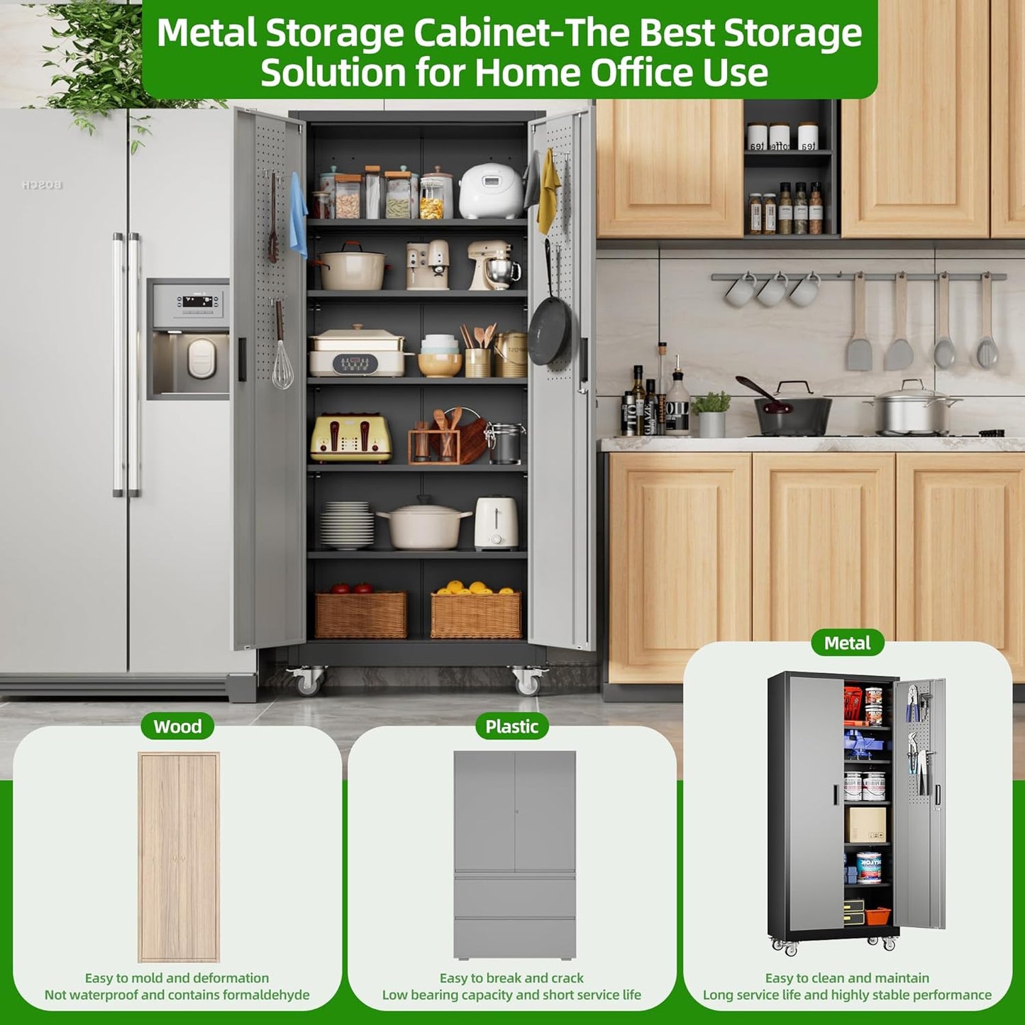 Garage Storage Cabinet with Pegboard and 5 Adjustable Shelves, 71'' x 32'' x 16''Metal Lockable Cabinet with Magnetic Doors,Tool Storage,Home Office Garage,Gym,School (Black-Grey)