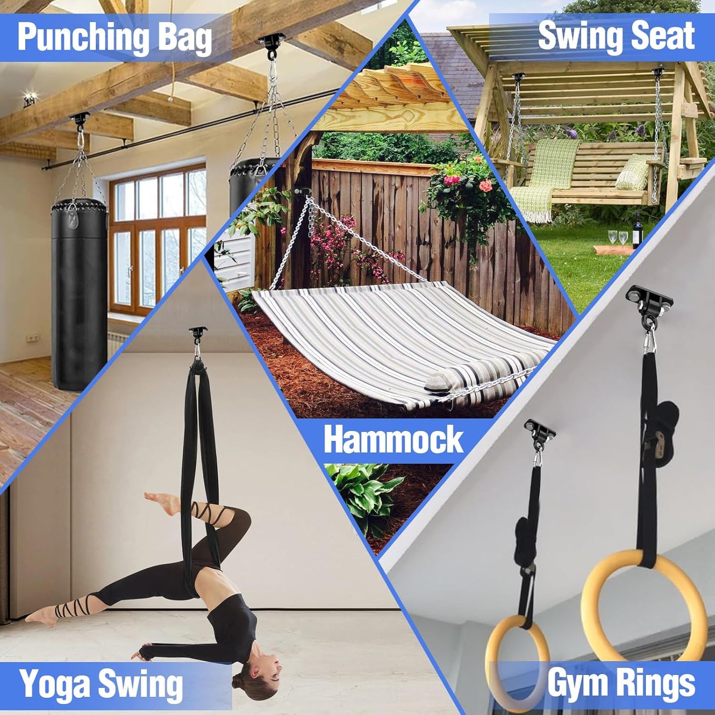 Heavy Duty Swing Hangers with Bearing, Porch Swing Hanging Kit for Outdoor Playground Tree Indoor Ceiling Mount Hardware Brackets with Snap Hooks for Yoga Hammock Punching Bag Accessories 8PCS Black