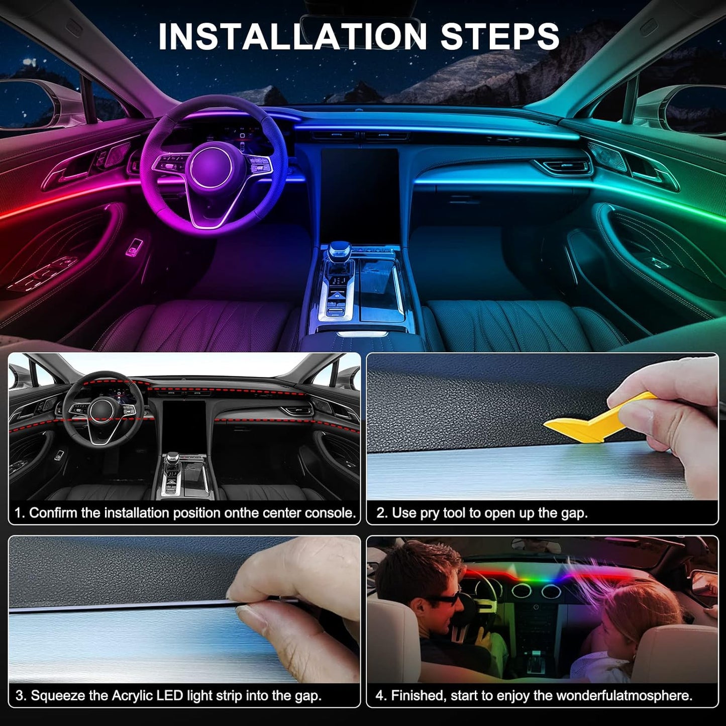 Acrylic Interior Car LED Strip Light with Wireless APP, RGB 6 in 1 with 175 inches 593 LEDs Fiber Optic Ambient Lighting Kits, 16 Million Colors Sound Active Function Car Neon Lights