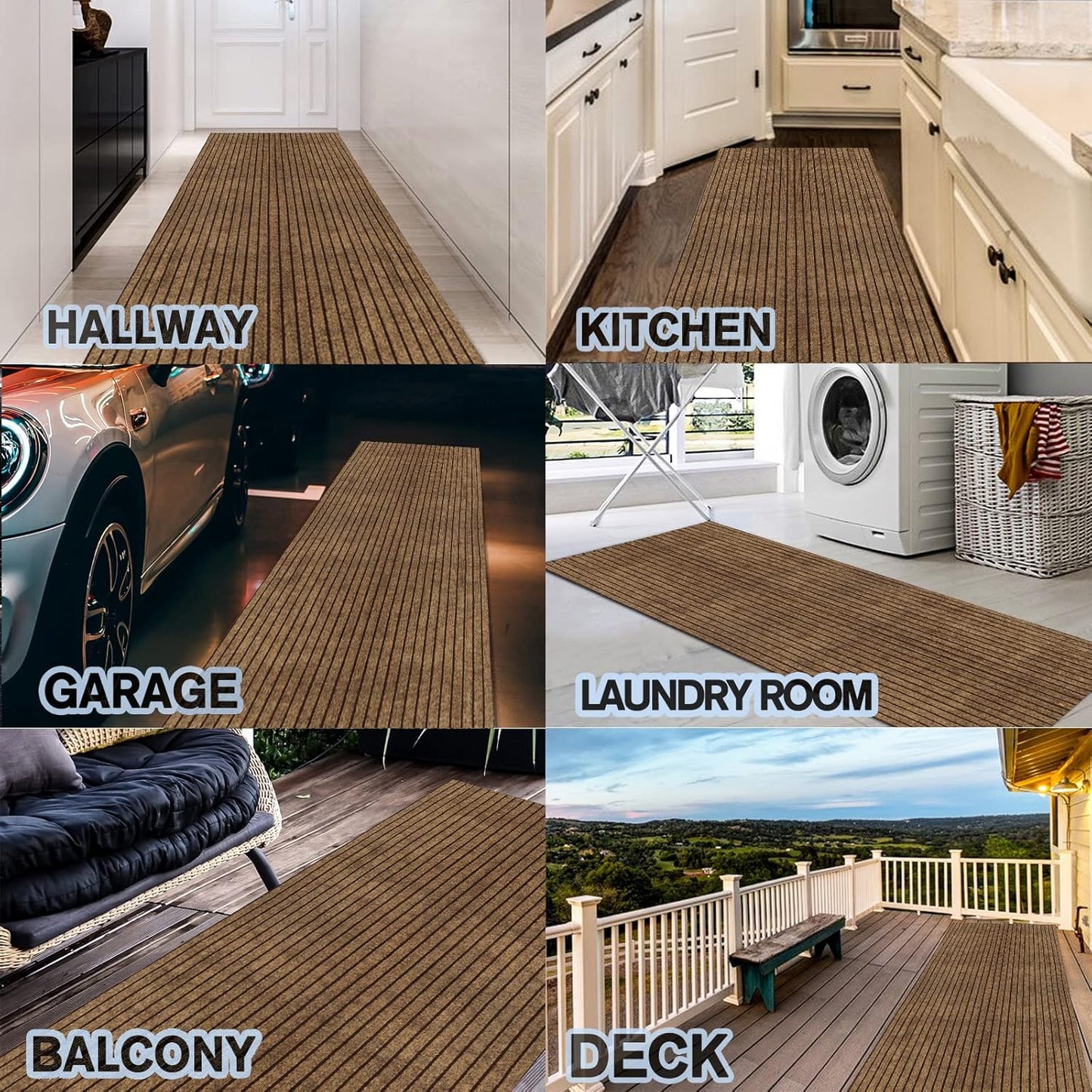 Custom Size Backed Non-Slip Area Rugs Runner, Easy Clean, Waterproof Runner Rugs for Hallway Entryway, Kitchen, Laundry, 3FT x 61FT, Brown Stripe