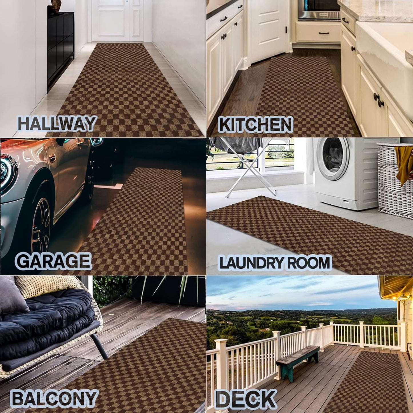 Custom Size Backed Non-Slip Area Rugs Runner, Easy Clean, Waterproof Runner Rugs for Hallway Entryway, Kitchen, Laundry, 3FT x 50FT, Brown Checkered