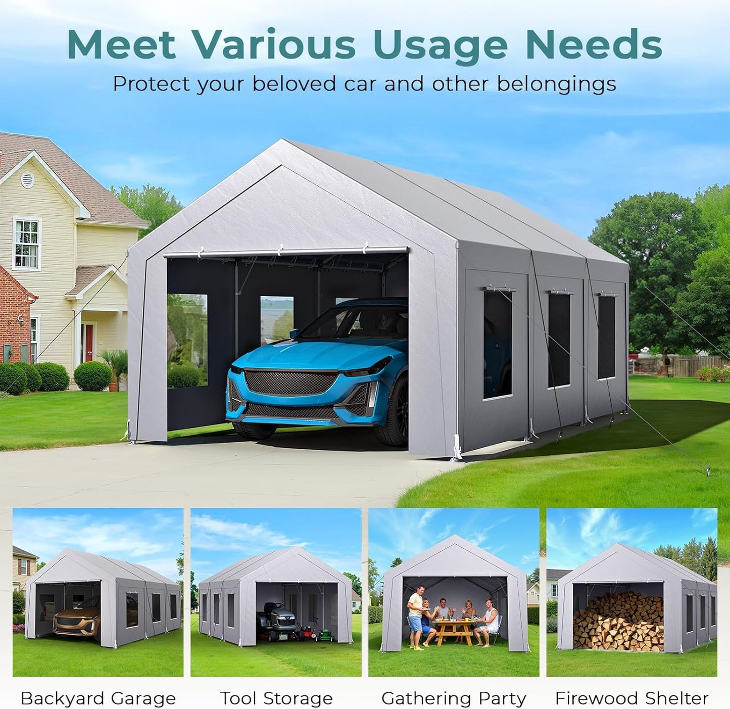 Carport 12x20 ft Heavy Duty, Car Port with Reinforced Steel Frame and 6 Roll-up Windows, Portable Garage with Sturdy Ground Nails, Waterproof All-Season Car Canopy for Boat, Truck, Grey